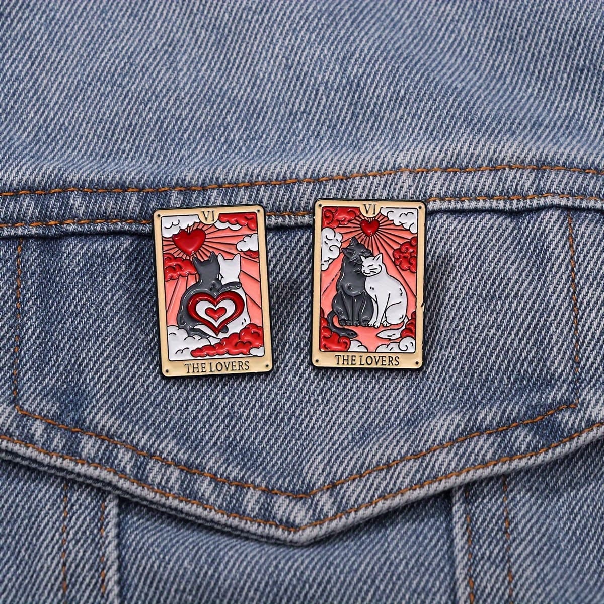 2 piezas/set Pin de Esmalte con Diseño de Tarot para Parejas de Gatos, Ideal...