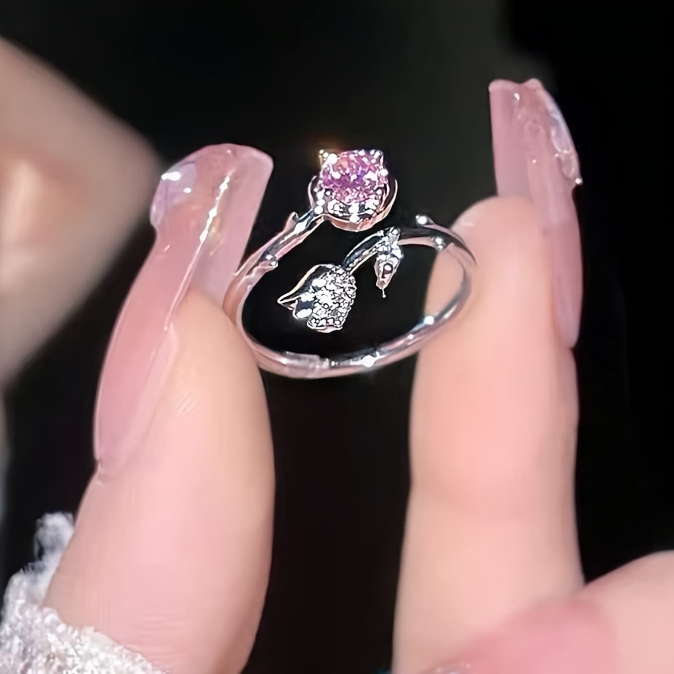 Anillo Ajustable de Rosa Zirconia 5A Rosa para Mujeres