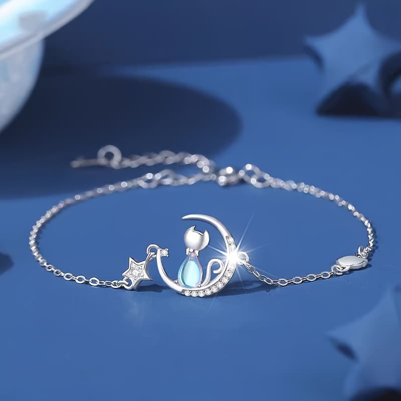 Pulsera de 1 pieza para mujer Gato Estrella y Luna, pulsera de piedra lunar a...